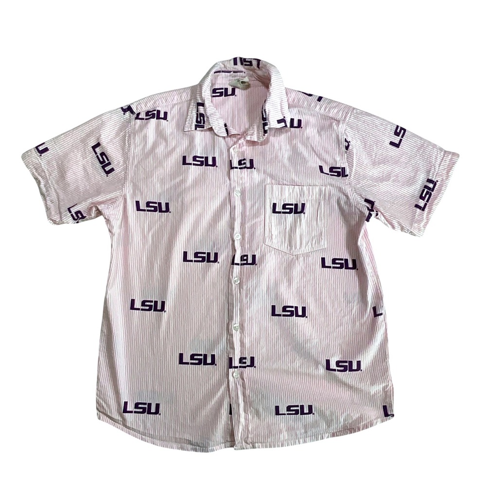 Wes and Willy LSU Tigers‎ Pink Stripe Short Sleeve Button Up Shirt Adult Size S